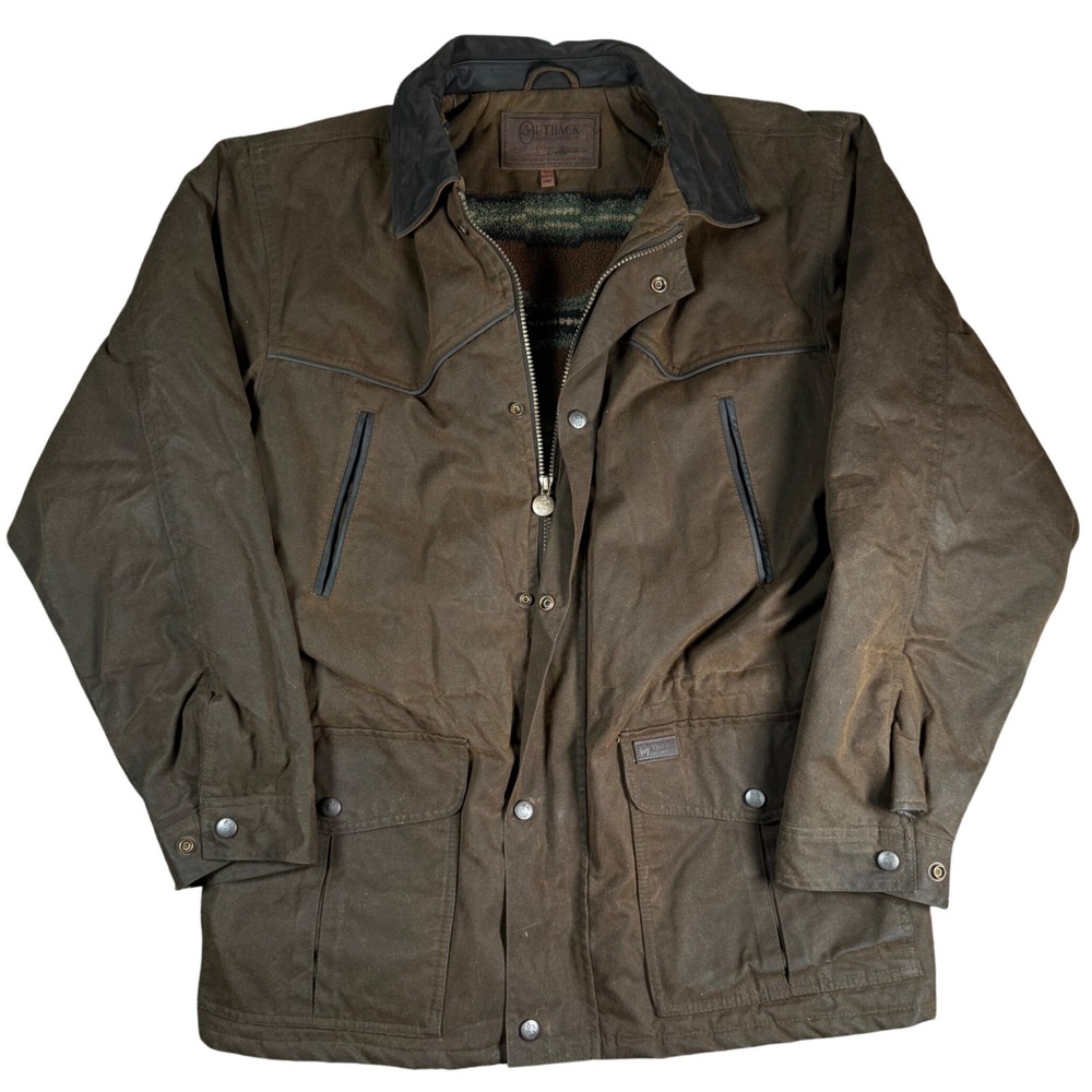 Outback Trading Co Oilskin Jacket Men Medium Brown Waterproof Aztec Fleece Lined